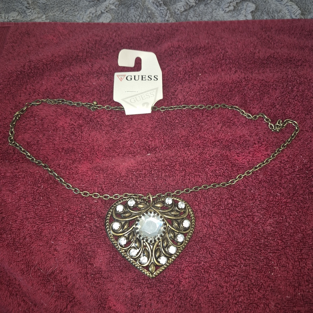 GUESS Gold-Tone Heart Pendant Necklace with Clear Stones